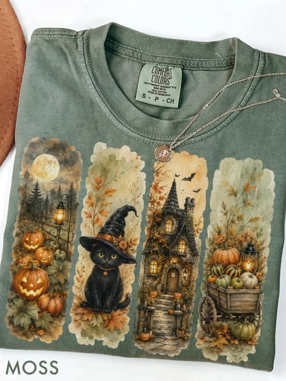 Comfort Colors Moss Green Kids Halloween Cat & Pumpkin Graphic Tee
